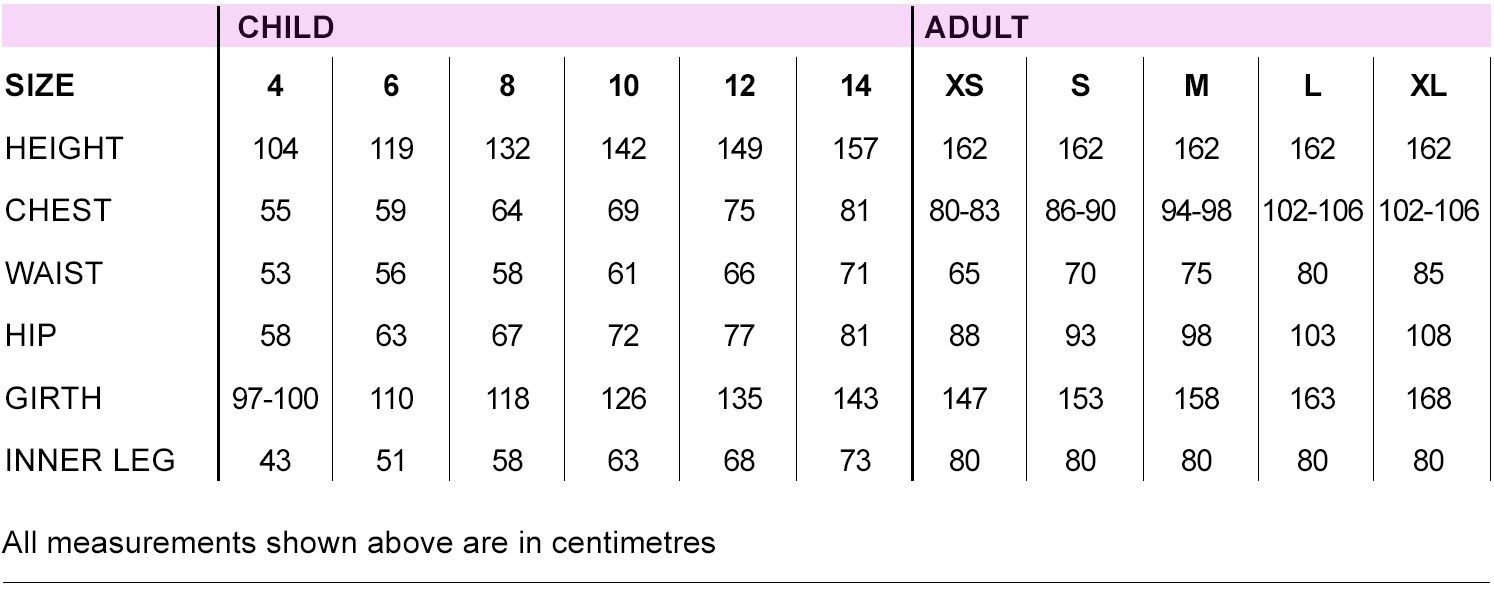 Size Chart in cm – Dressed for the Circus