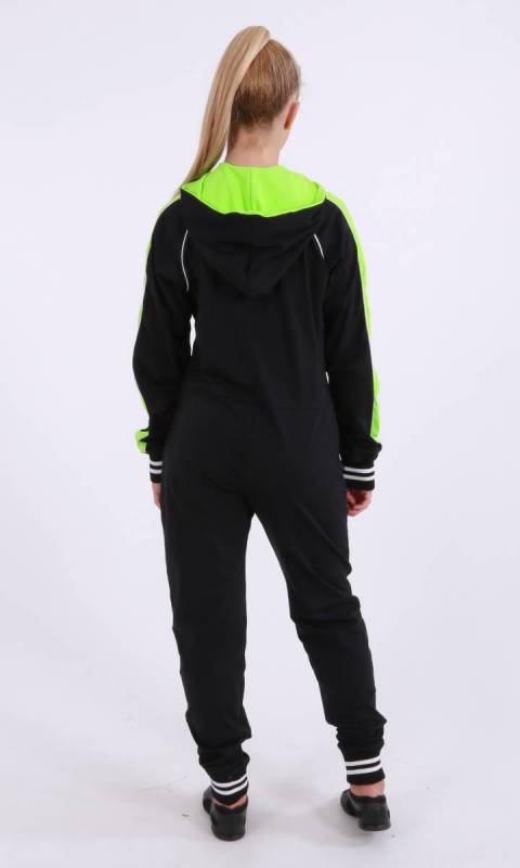 Kristi Stretch Onesey -  zip jumpsuit - Supplex Black, Neon Green and white Striped Bands