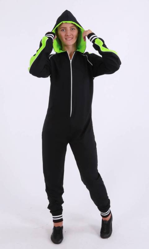 Kristi Stretch Onesey -  zip jumpsuit - Supplex Black, Neon Green and white Striped Bands