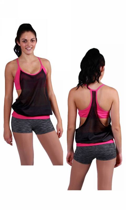 TWOFOURONE CROP WITH OVERLAY - Black Mesh and  Paradise Pink supplex