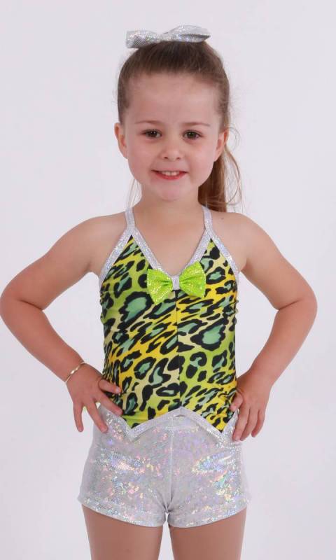 DINOSAURUS Vest with tail with shorts - ANIMAL PRINT WITH FLURO YELLOW NET  silver shattered glass