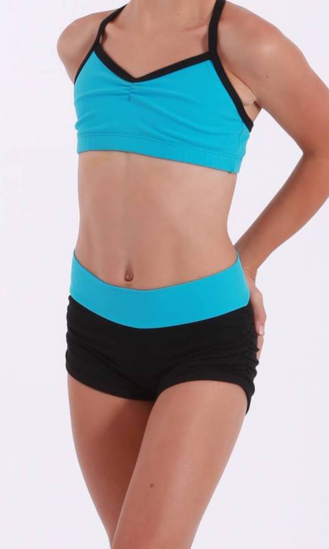 JAMIE LEE hot shorts - ruched sides  - Supplex Black with aqua band