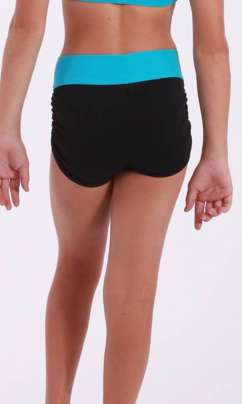 JAMIE LEE hot shorts - ruched sides  - Supplex Black with aqua band