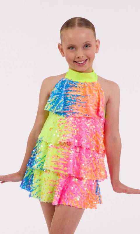 Multi-coloured sequin layer dress with built in shortard 