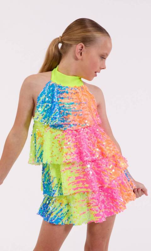 Multi-coloured sequin layer dress with built in shortard 