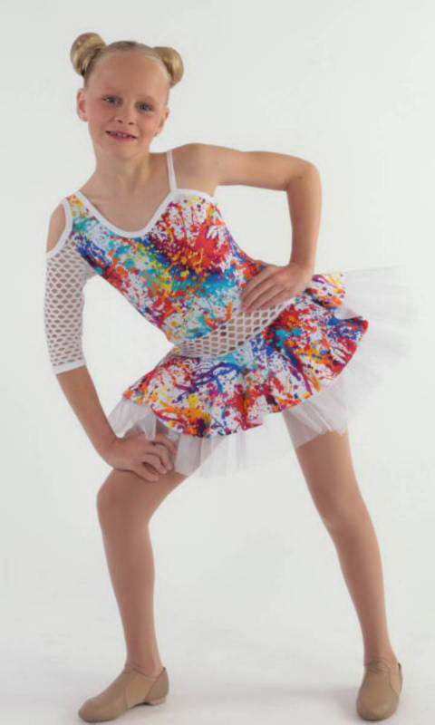 Paint splatter and white assymetrical costume with tulle skirt 
