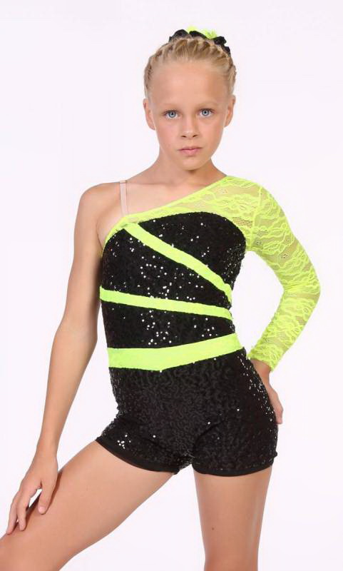 BREAK FREE  - Black sequin mesh and Neon Yellow trim and skirt 