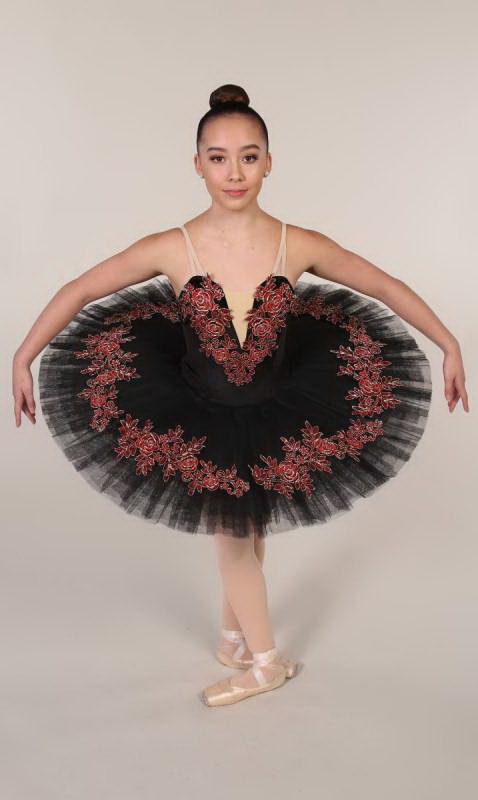 VALENTINA - Pancake tutu  - Black with Red and gold applique 