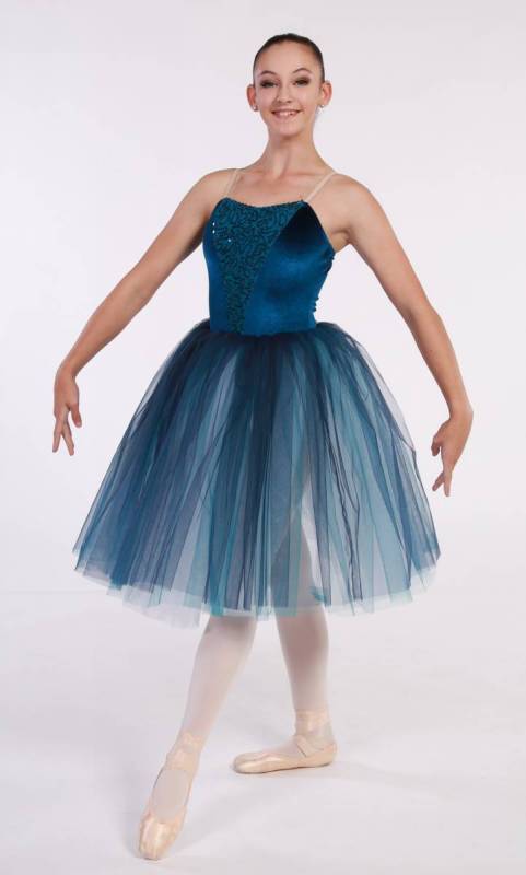 Teal velvet and sequin with multi tone tulle