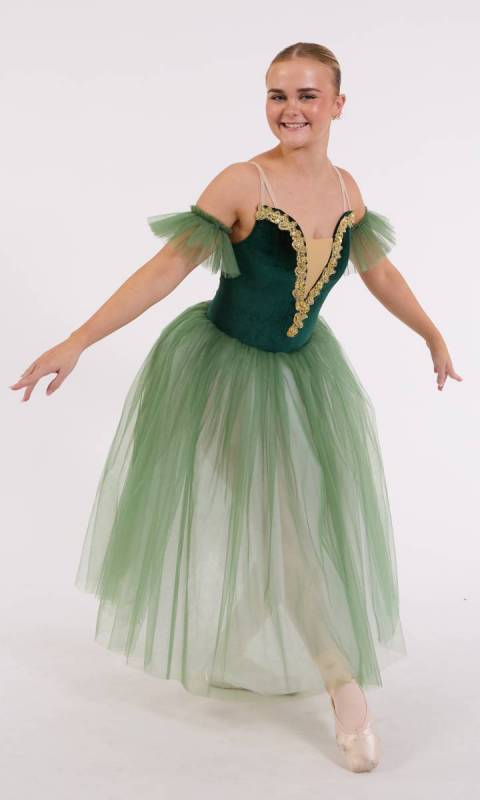 CASSANDRA - Romantic + arm puffs - Bottle Green and gold