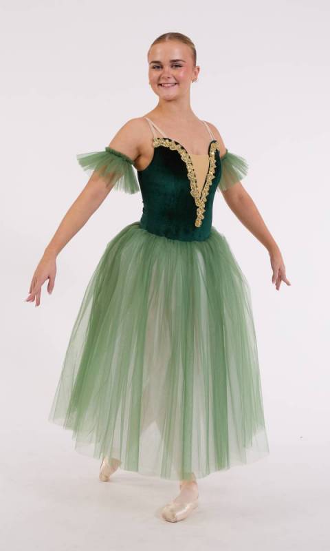 CASSANDRA - Romantic + arm puffs - Bottle Green and gold