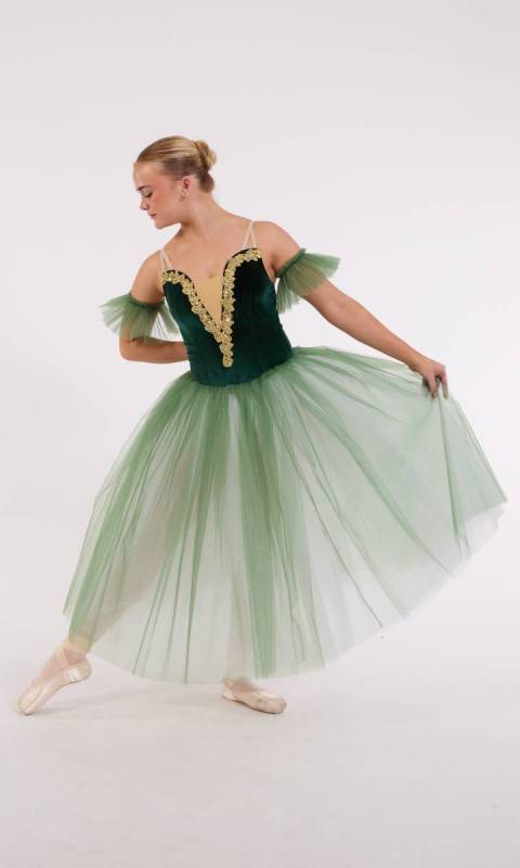 CASSANDRA - Romantic + arm puffs - Bottle Green and gold