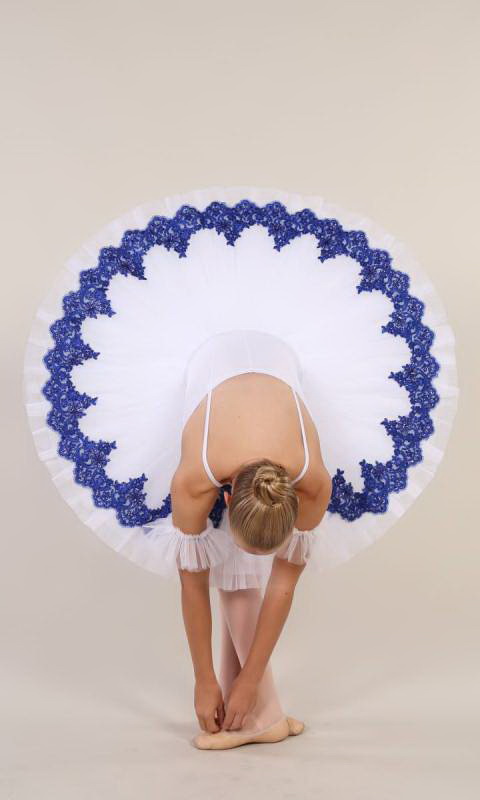 YVETTE - pancake tutu  - White with royal blue applique 