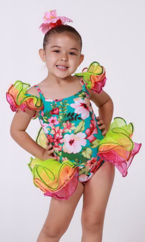 KOKOMO  - Aqua Hibiscus print with pink orange and yellow frills 