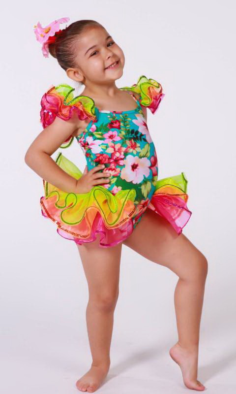 KOKOMO  - Aqua Hibiscus print with pink orange and yellow frills 