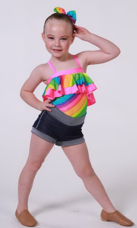 Jo Jo Leotard  - Rainbow sparkle and fluro pink pictured with denim shorts