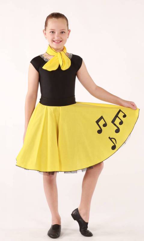 ROCK AND ROLL MUSIC NOTE SKIRT with necktie  - Yellow 
TIERED PETTICOAT AND JITTERBUG LEOTARD are sold separatel