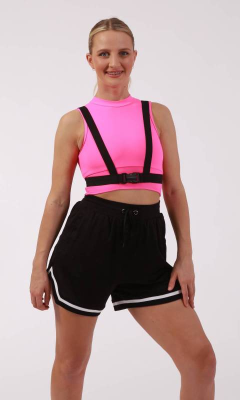 OFFBEAT CREW TOP - NEON PINK and black pictured with Alley Oop shorts