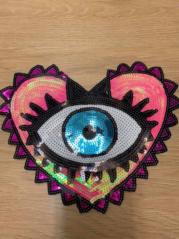 One Eye Heart sequin applique  - Pink, Blue White and Black 